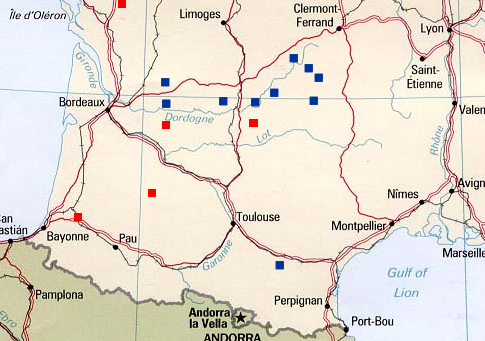 Map of the South of France with the places laforce marked=